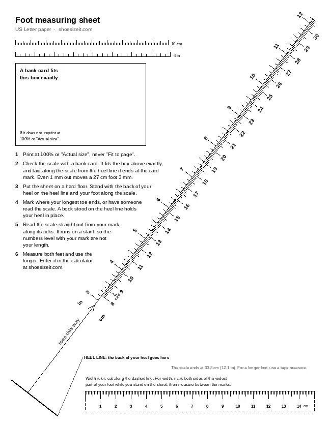 The US Letter sheet: a scale along the diagonal starting from a heel line, a bank-card box and scale bars at the top, and a cut-out width ruler along the bottom.